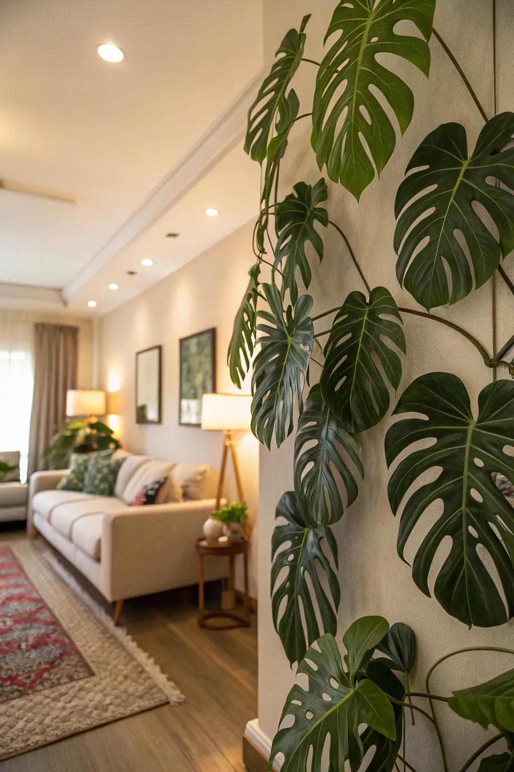Inventive monstera leaf design that adds substance to a living room wall.