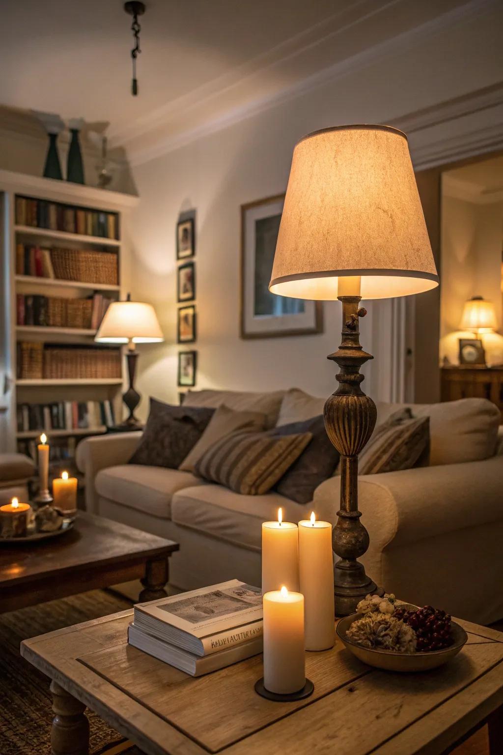 Comfortable lighting from lamps and candles to give the living room a dimly lit effect.