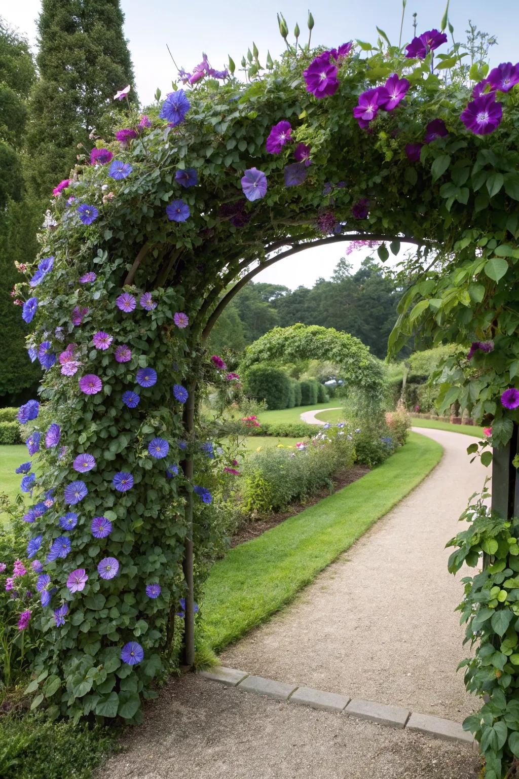 An archway in the garden is covered in lush morning glories.