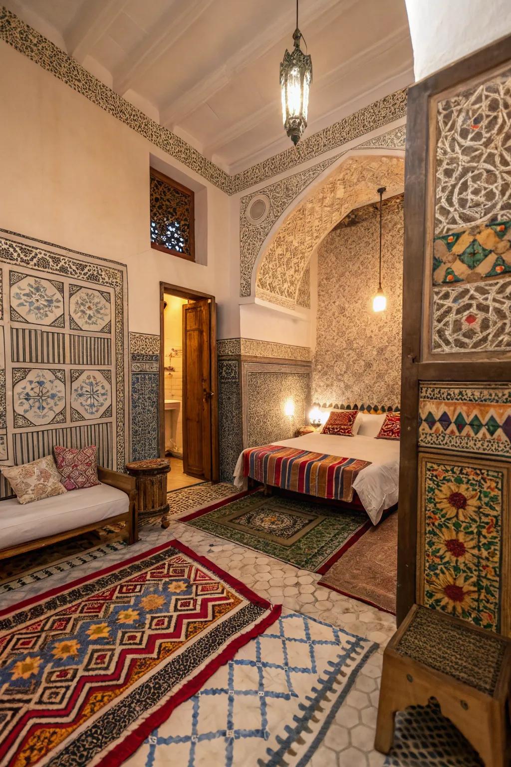 Geometric designs weave a rich cultural story through bedroom decor.