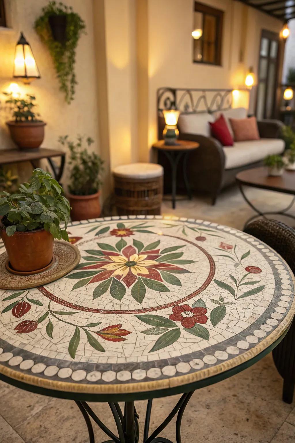 Botanical mosaic designs infuse the allure of the natural world into your dwelling.