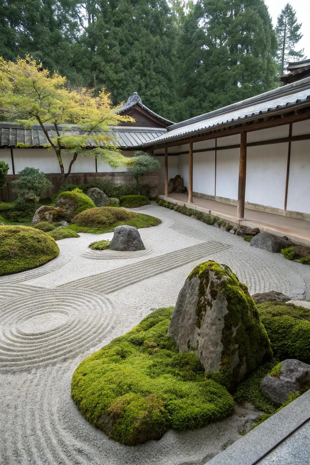 A serene Zen garden showcasing moss stones and intricate sand designs.