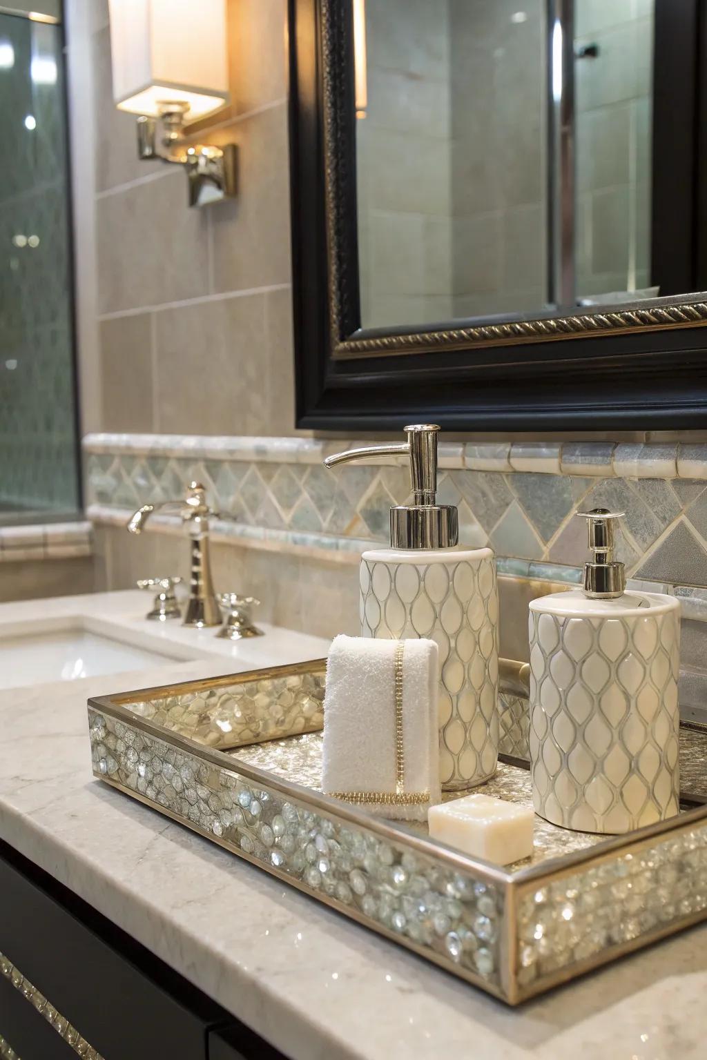 A nacre backsplash infuses glamor and practicality into your vanity space.