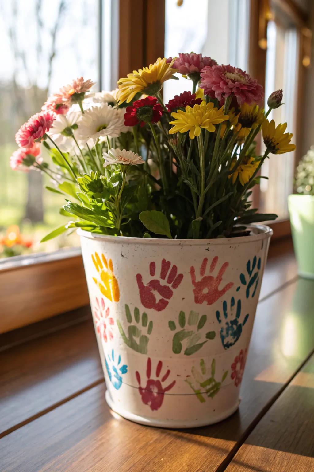 A flower pot decorated with children's fingerprints.