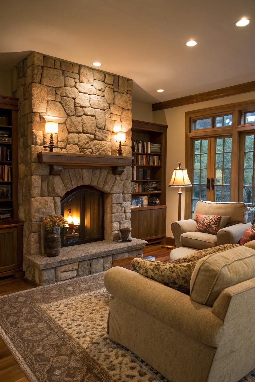 This stone fireplace is definitely the main attraction in this cozy living room.