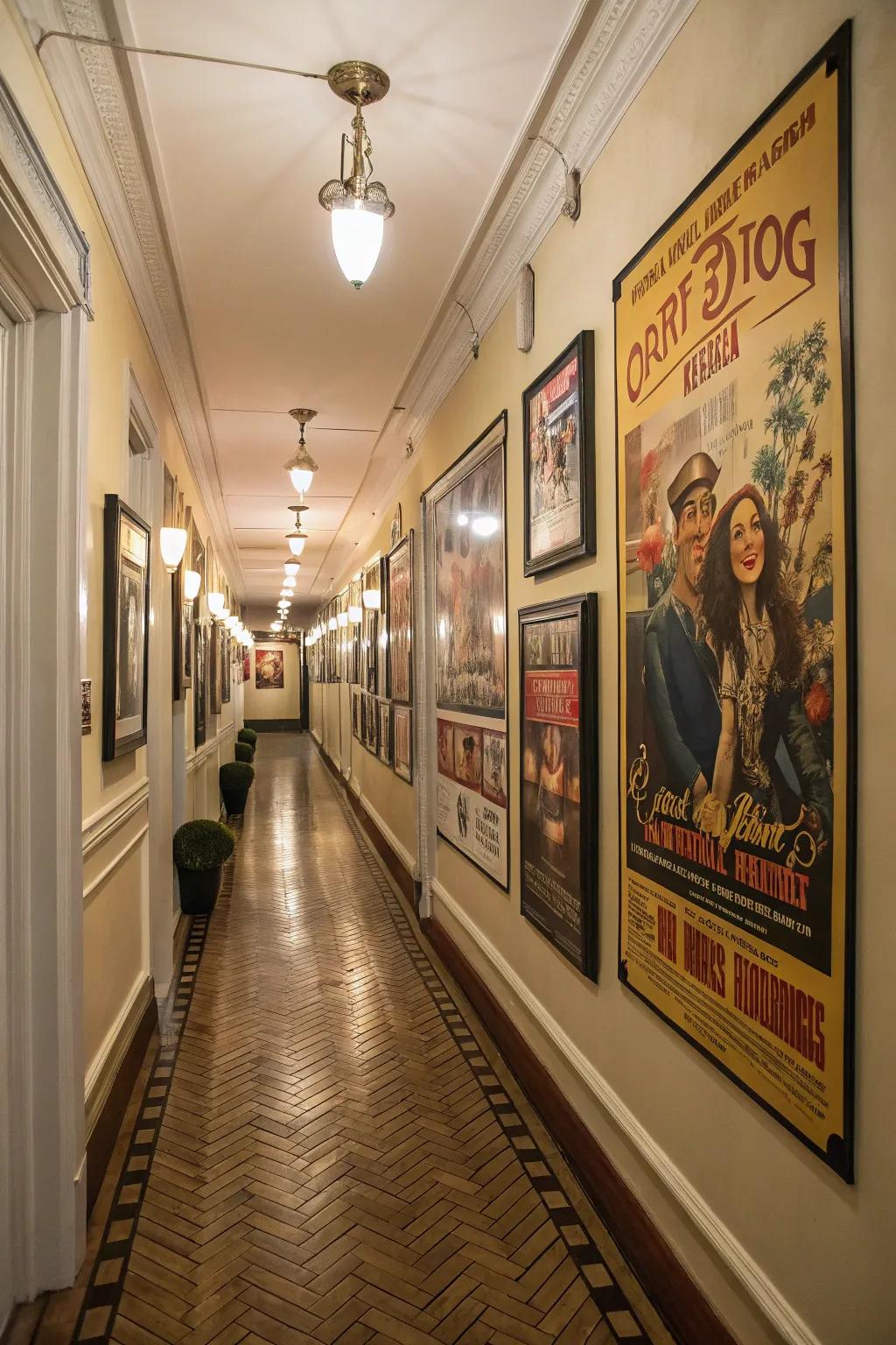A corridor adorned with timeless aesthetic movie posters.