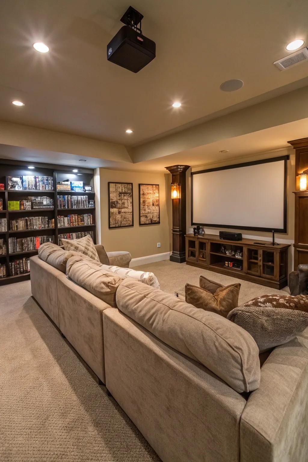 Wraparound couches make movie nights even more comfortable.