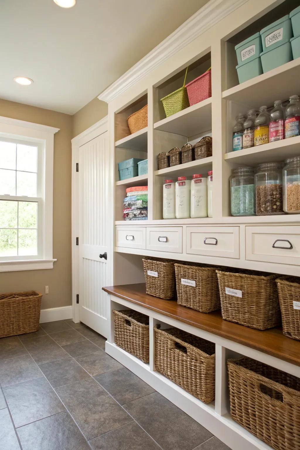 Integrated shelves ensure items are accessible and orderly while maintaining a tidy aesthetic.