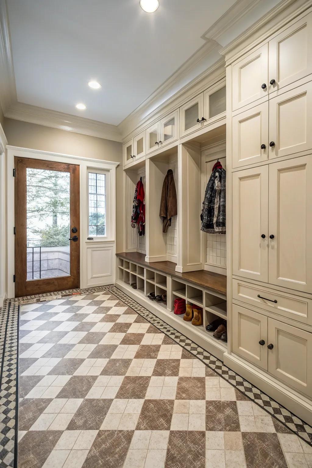 Classic checkerboard tiles bring timeless elegance to any mudroom.