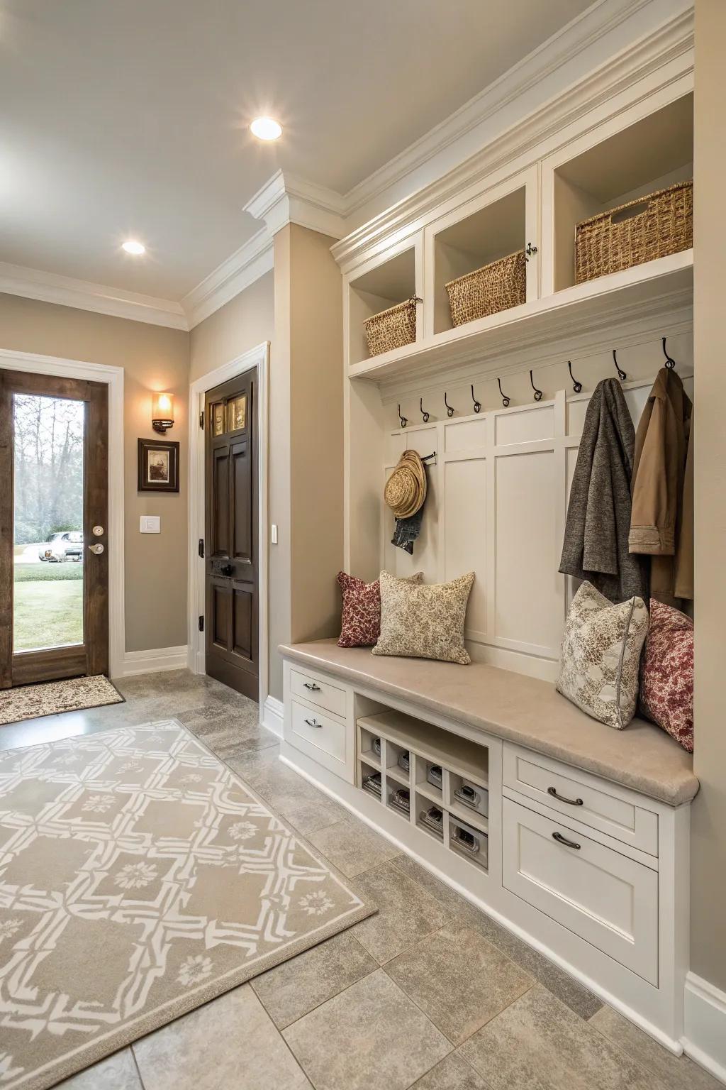 Neutral shades adding a touch of class to a mudroom