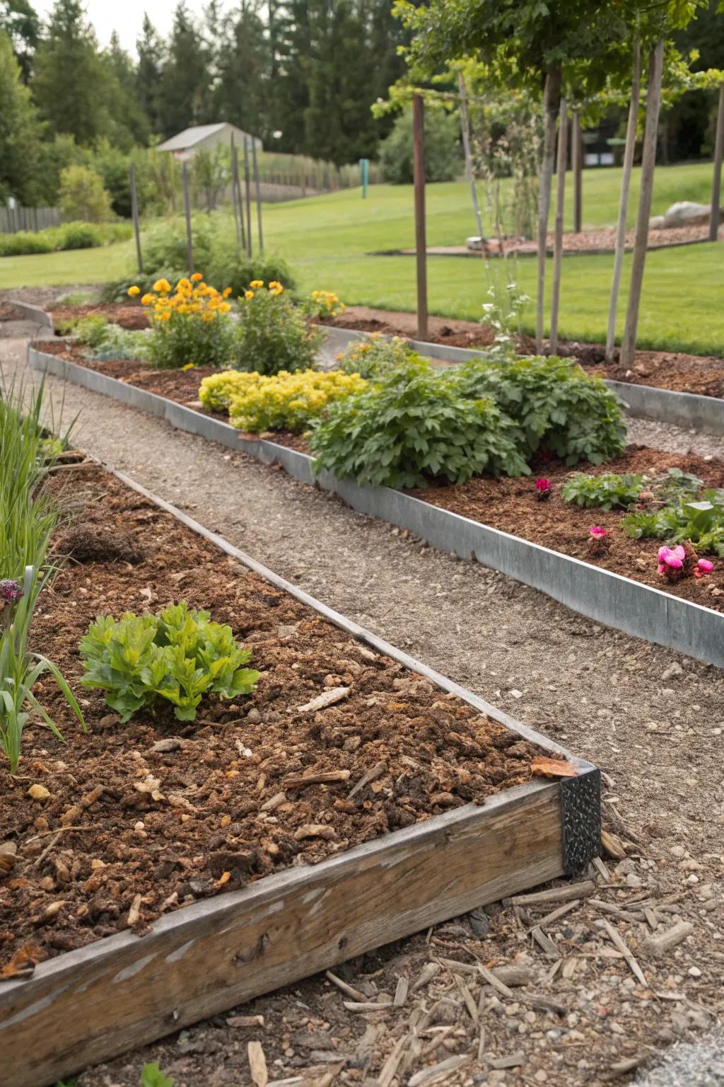 Layered mulch borders feature metal edging for a pristine aesthetic.