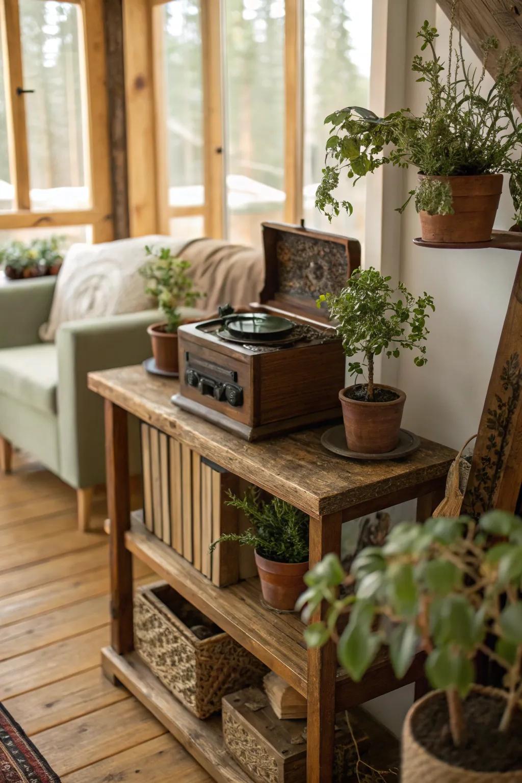 A nature-themed music box nestled among natural decor.