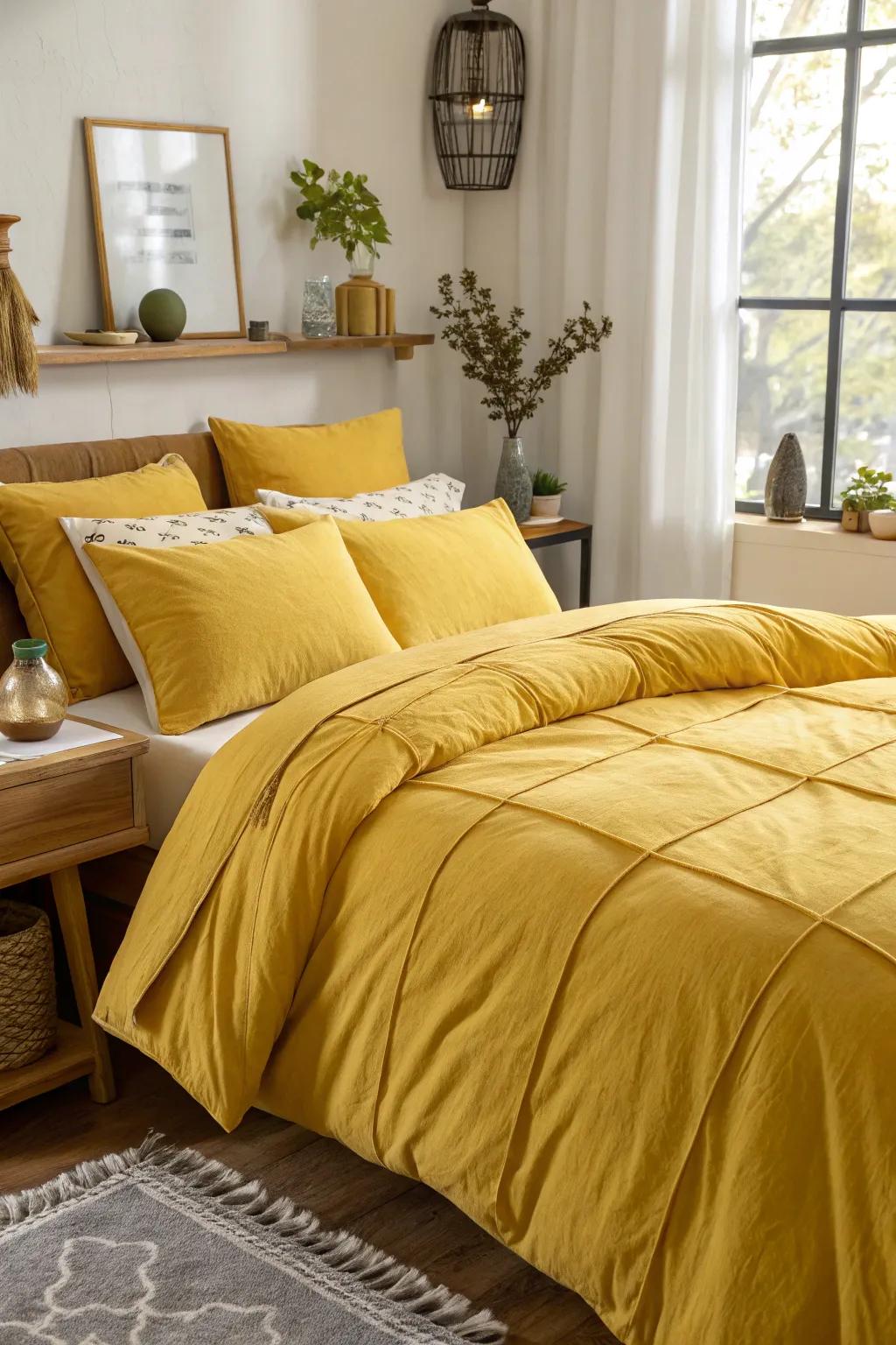 A bedroom highlighting luxurious golden wheat bedding and supple pillows.