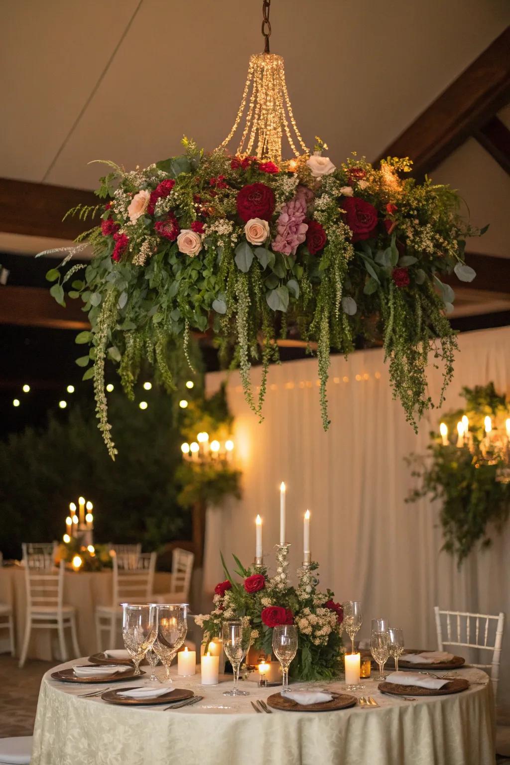 A gorgeous botanical light fixture enhances the refinement of a wedding celebration.