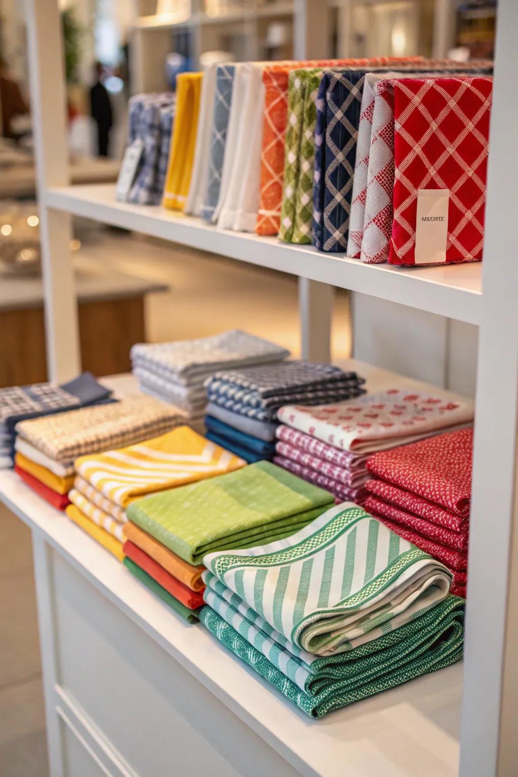 Displayed napkins on a shelf, introducing a decorative element to the room.