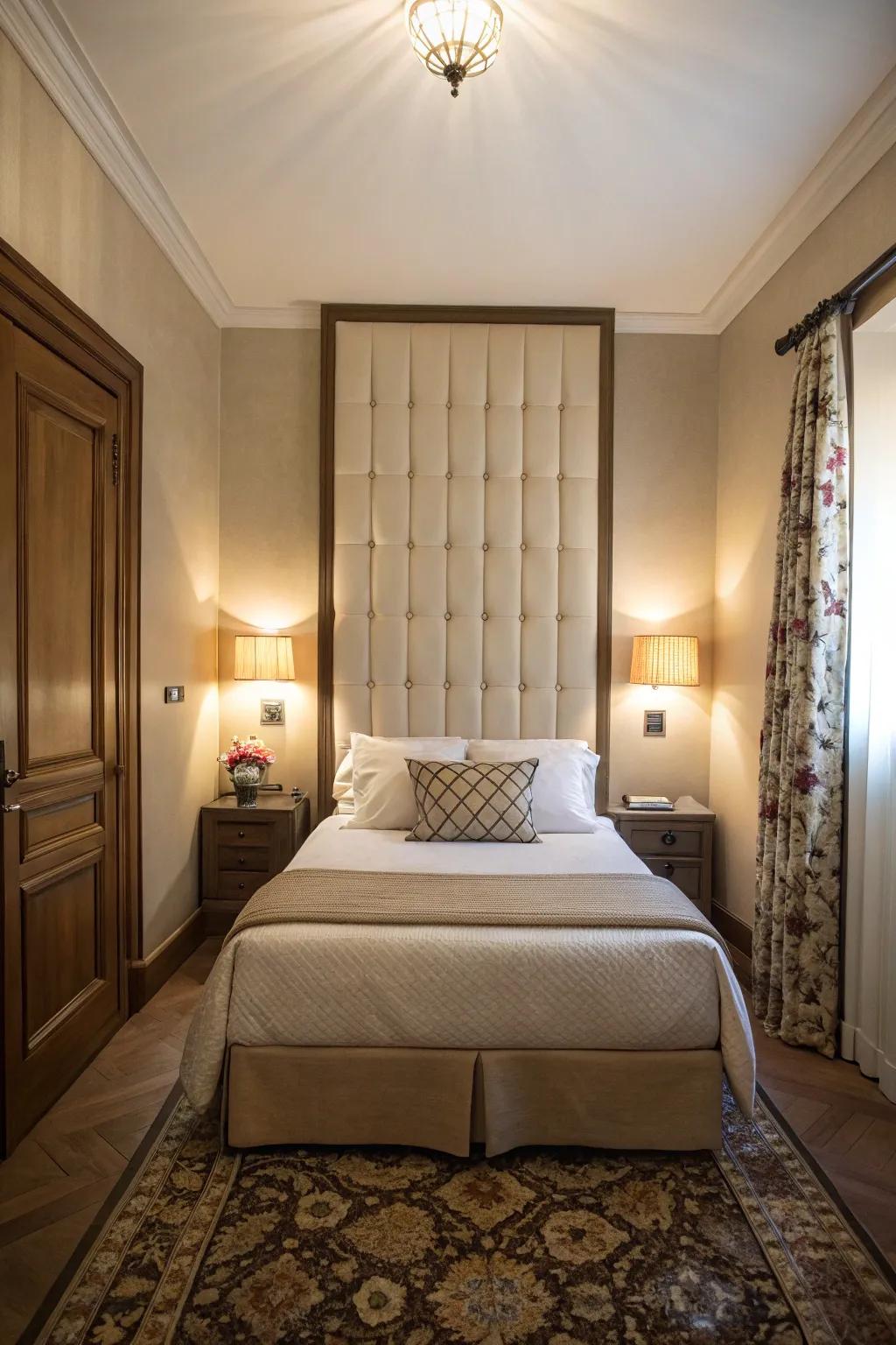A high headboard introduces vertical appeal and a feeling of space in a confined room.