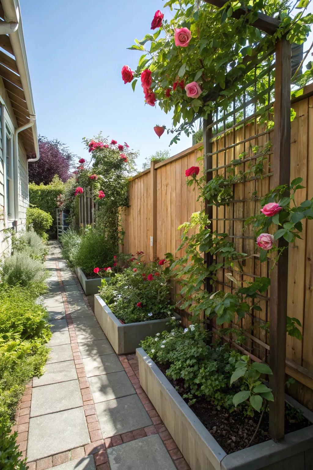 Vertical planting adds lush layers to a narrow garden.