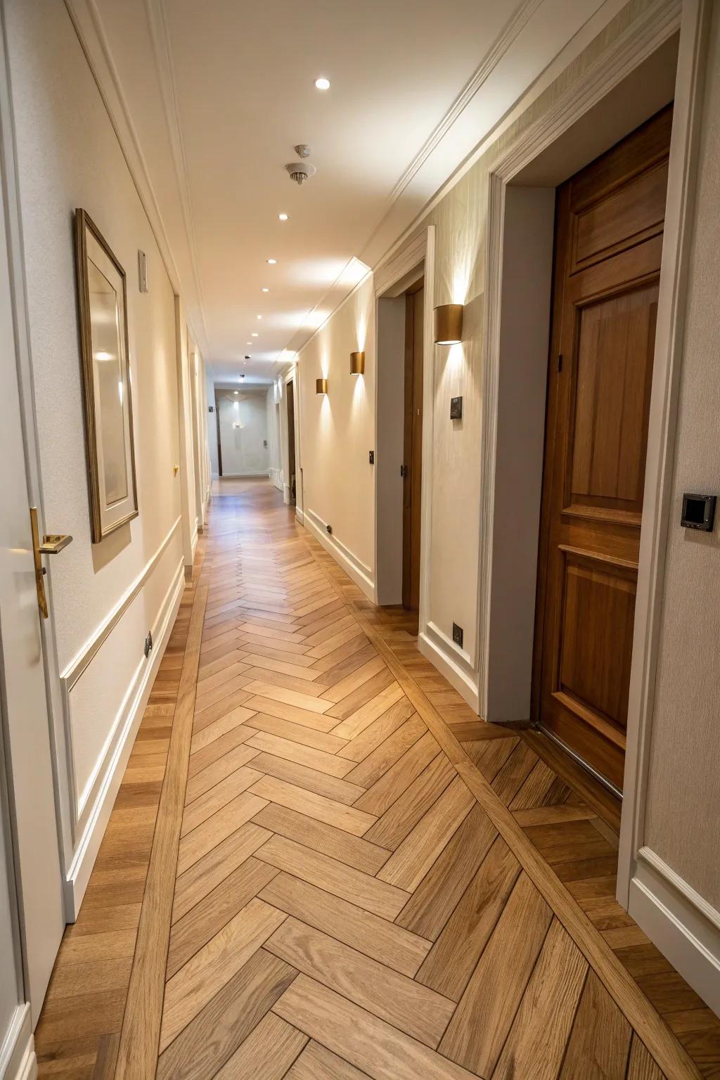 Wooden flooring arranged in a herringbone design has the ability to elevate the elegance of your hallway.