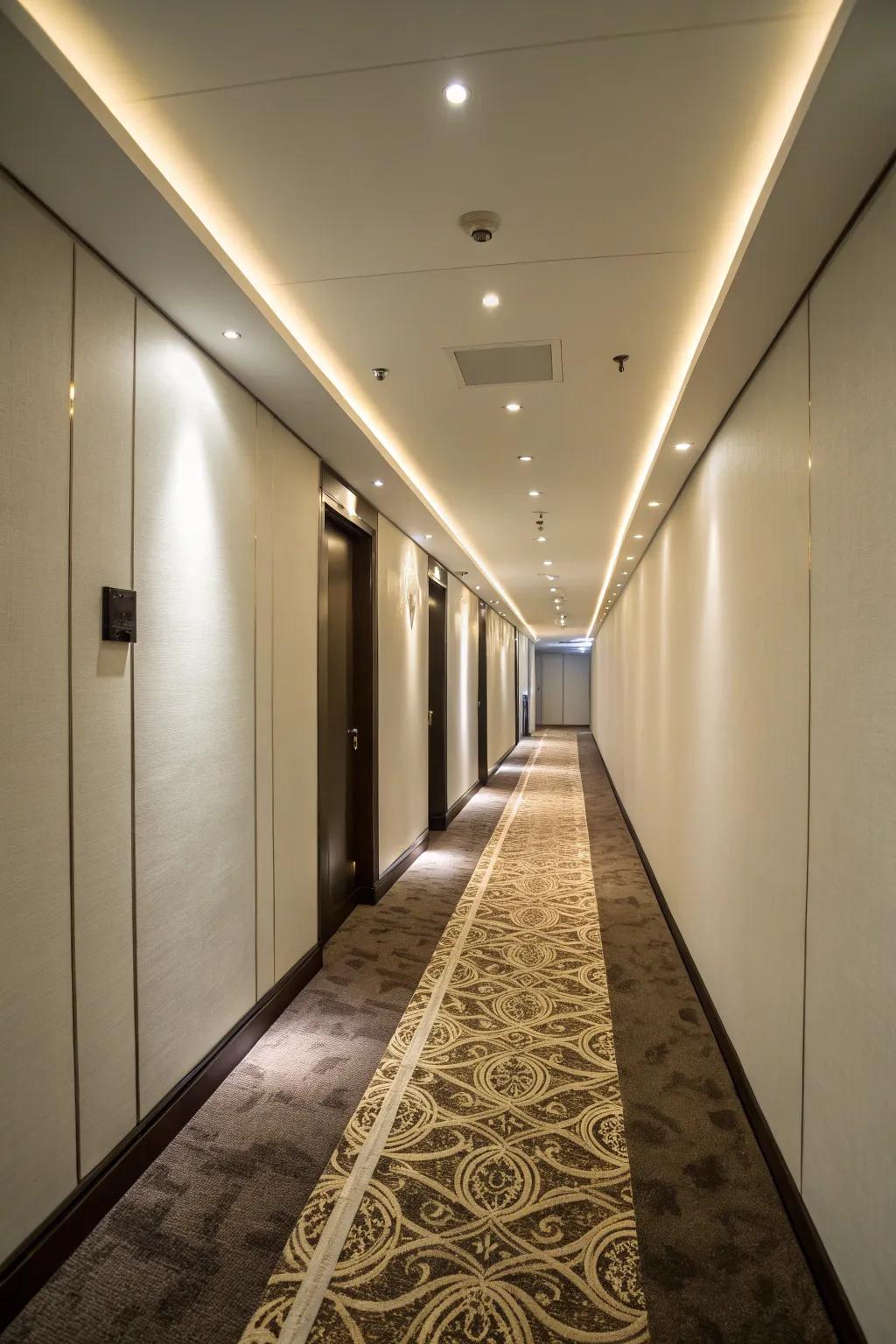 Recessed lights give a minimalist touch to slender hallways.