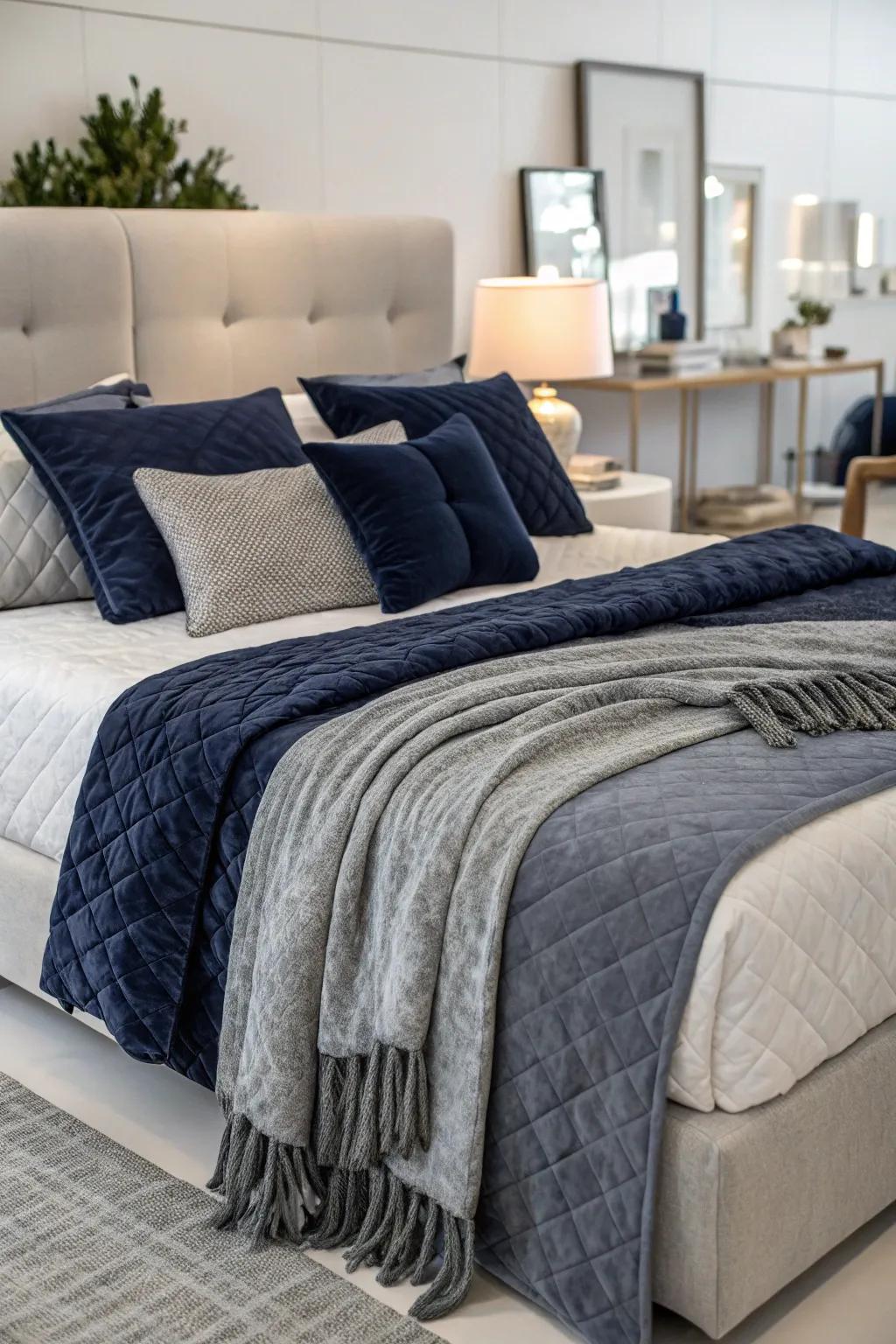 Combining varied textures in grey and navy contributes warmth and comfort to the bedroom.