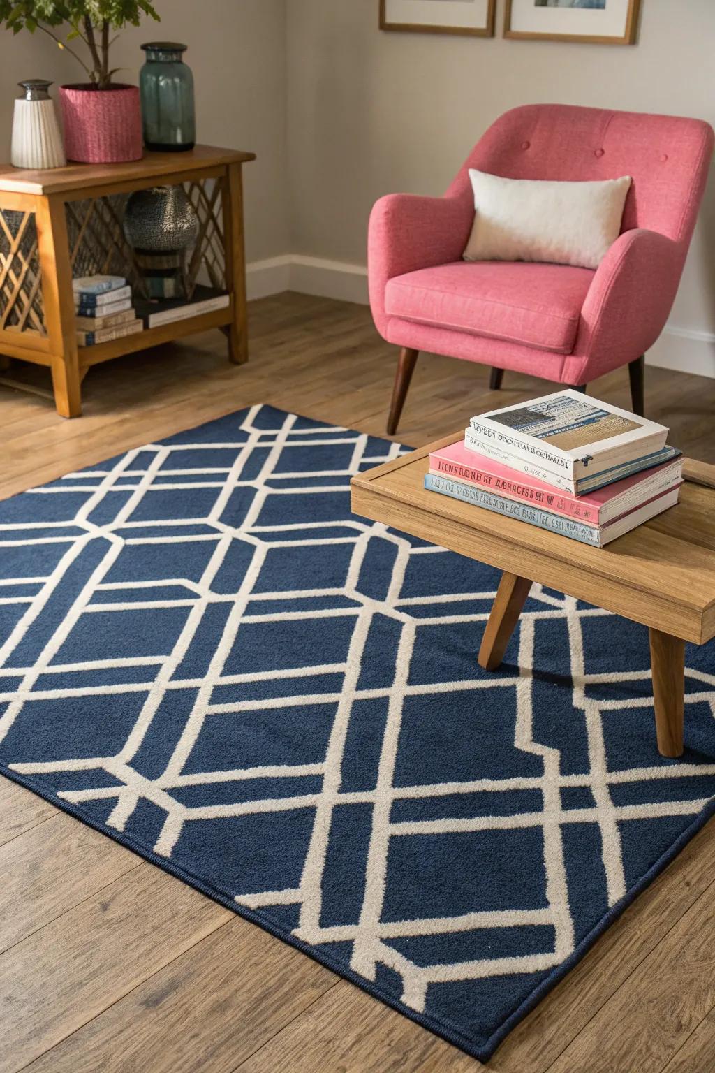 Patterned floor coverings deepen and texturize a navy and pink arrangement.