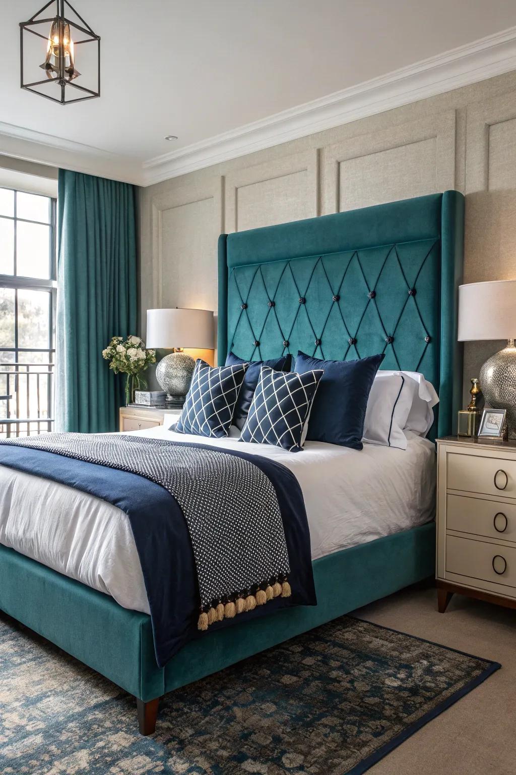 A teal headboard introduces a lively focal point into your room.