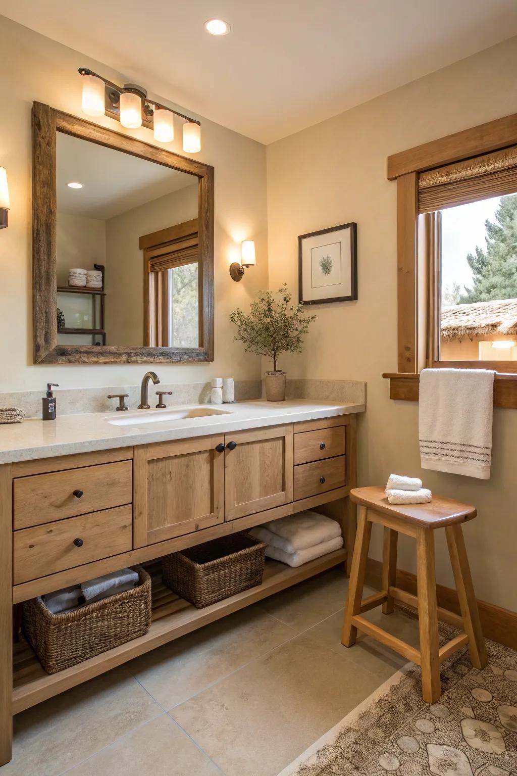 A raw timber storage unit brings warmth to this neutral bathroom.