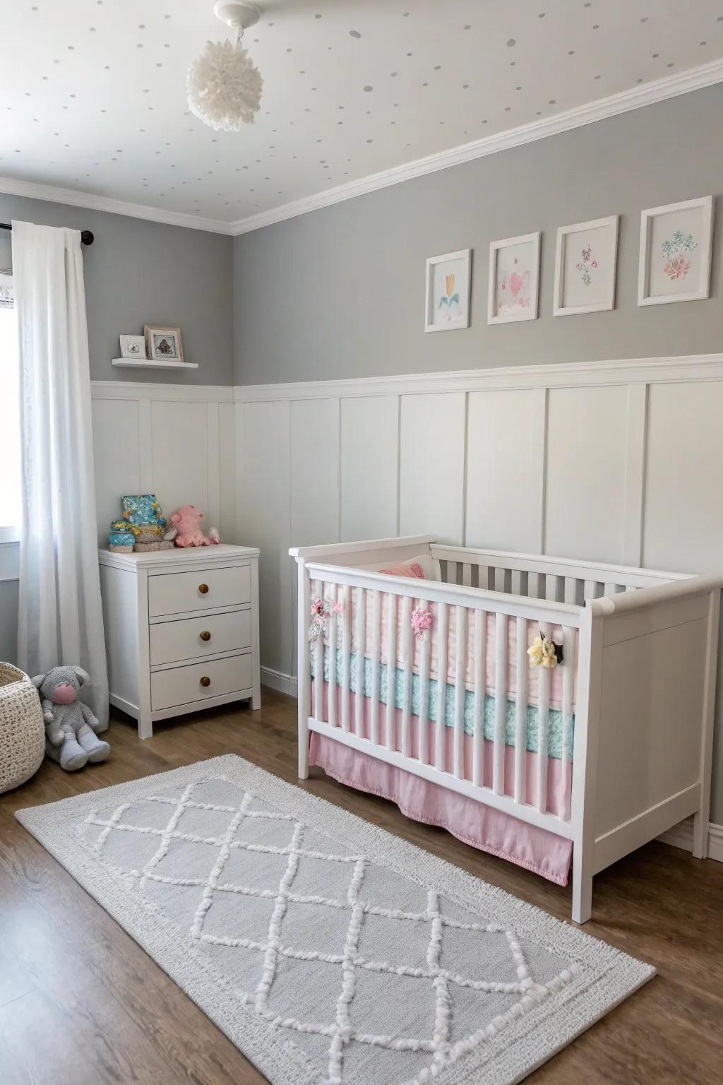 A contemporary baby room featuring walls painted in soft gray.