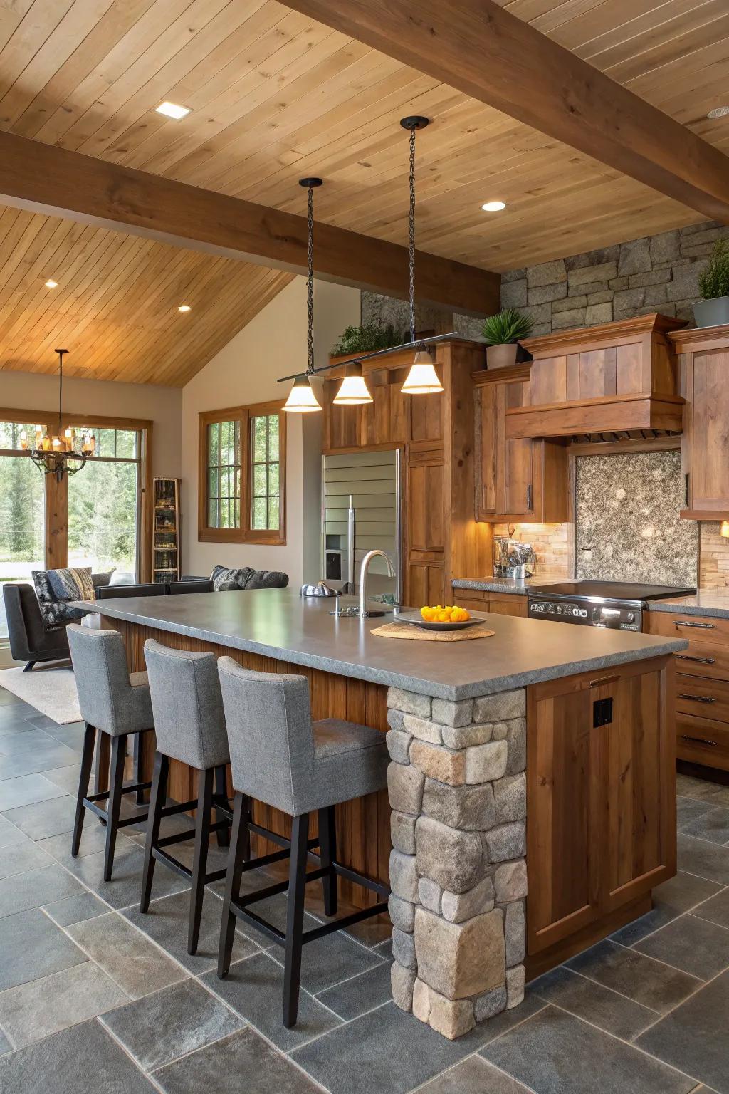 A captivating kitchen island showcasing a fusion of timber and stone, delivering aesthetics and usefulness.