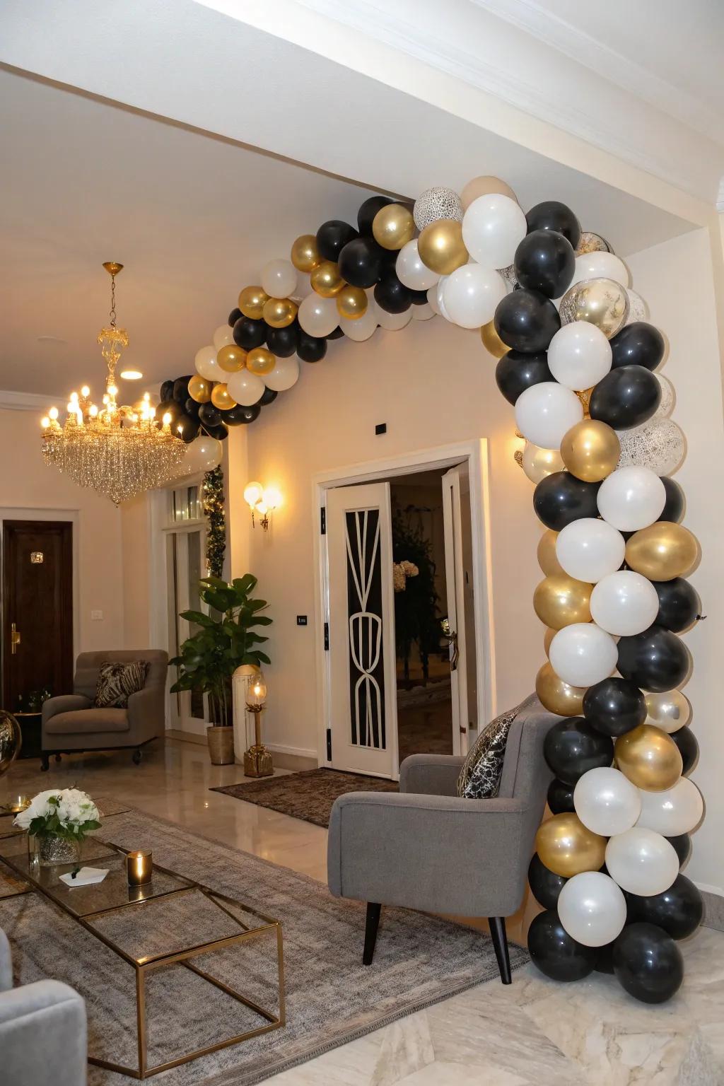 An elegant balloon arch in time-honored New Year's shades, ideal for crafting a memorable entrance.