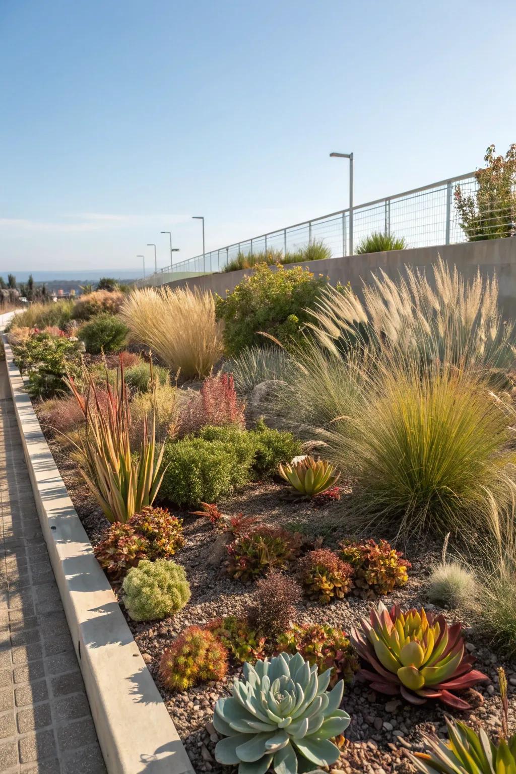 A lively collection of succulents and grasses that tolerate dry conditions.