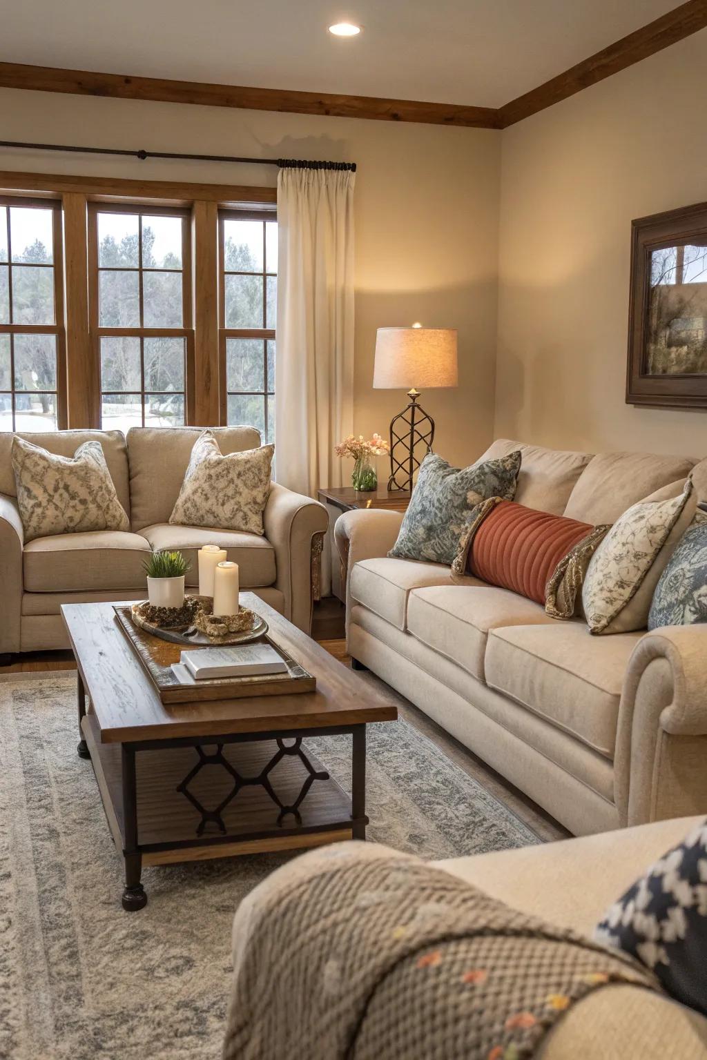 A seating arrangement designed with conversation as the main priority, not screen viewing.