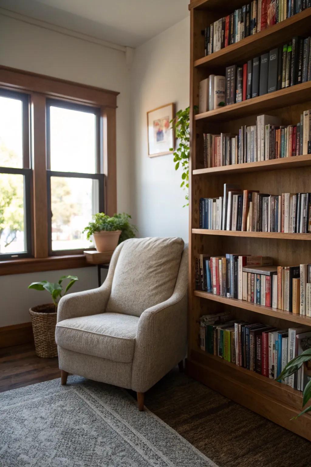 A bookshelf hideaway that blends practicality with a fondness for reading.