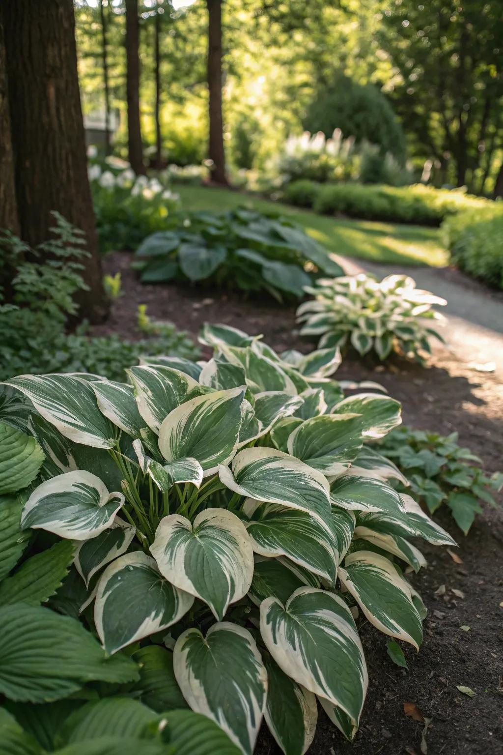 Multi-colored hostas adding a sense of abundance and refinement to the garden.