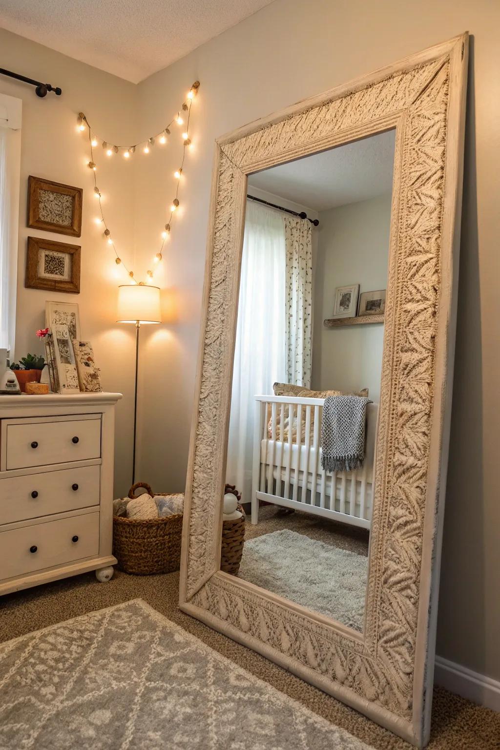 In this nursery, a uniquely framed textured mirror serves as the room's captivating centerpiece.