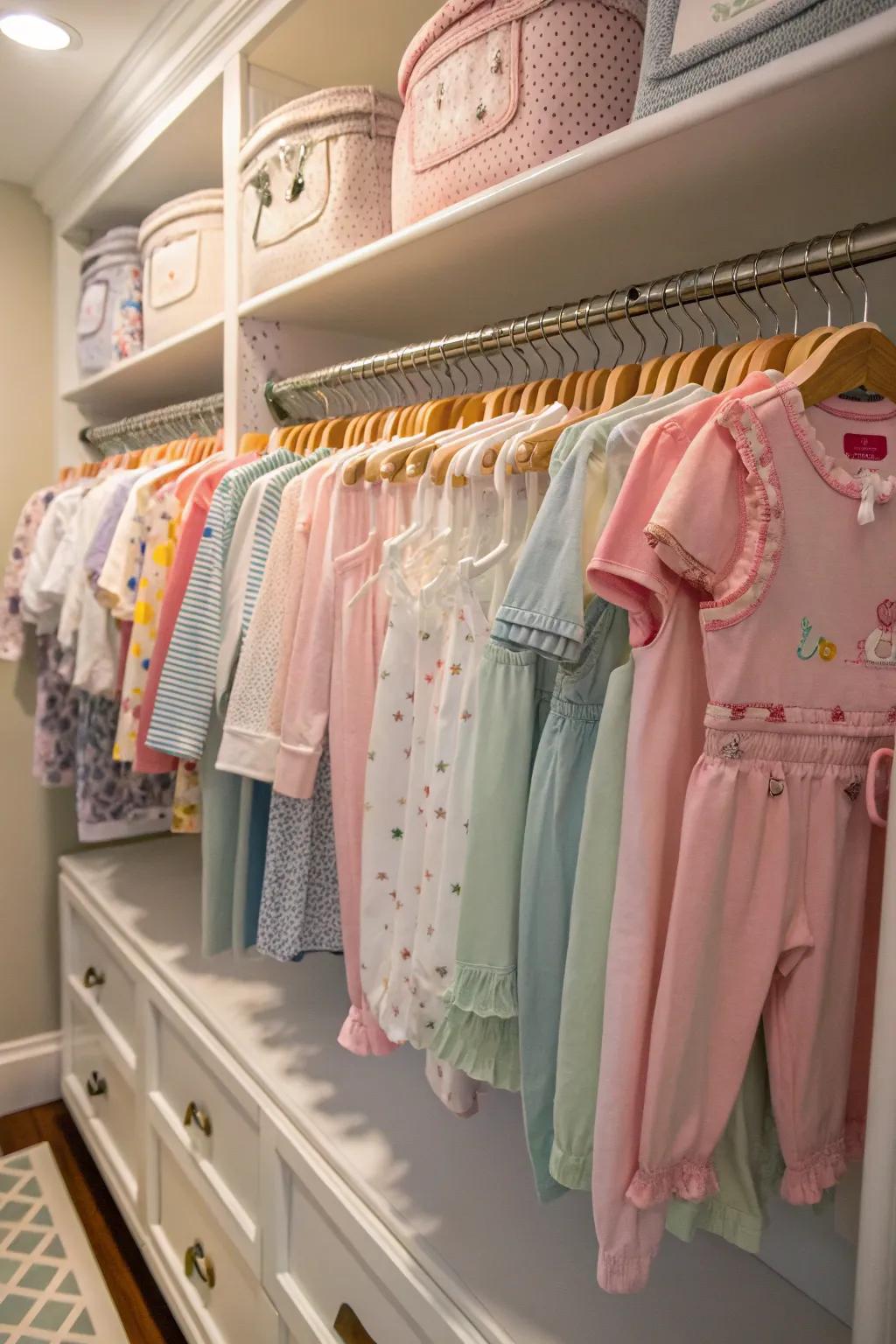 Baby clothes neatly hanging in a nursery closet.