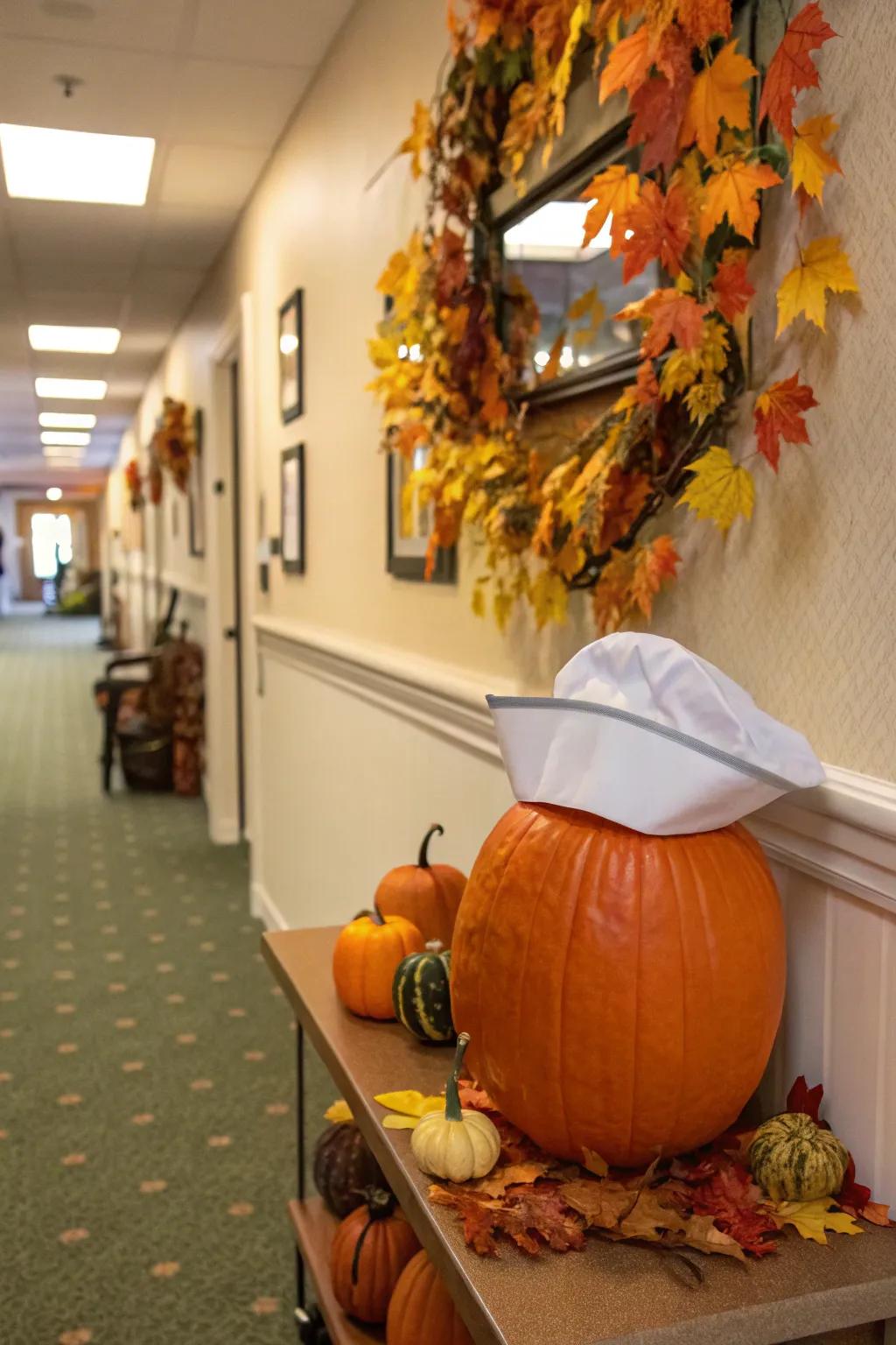 A pumpkin with a nurse's cap evokes a sense of nostalgia.