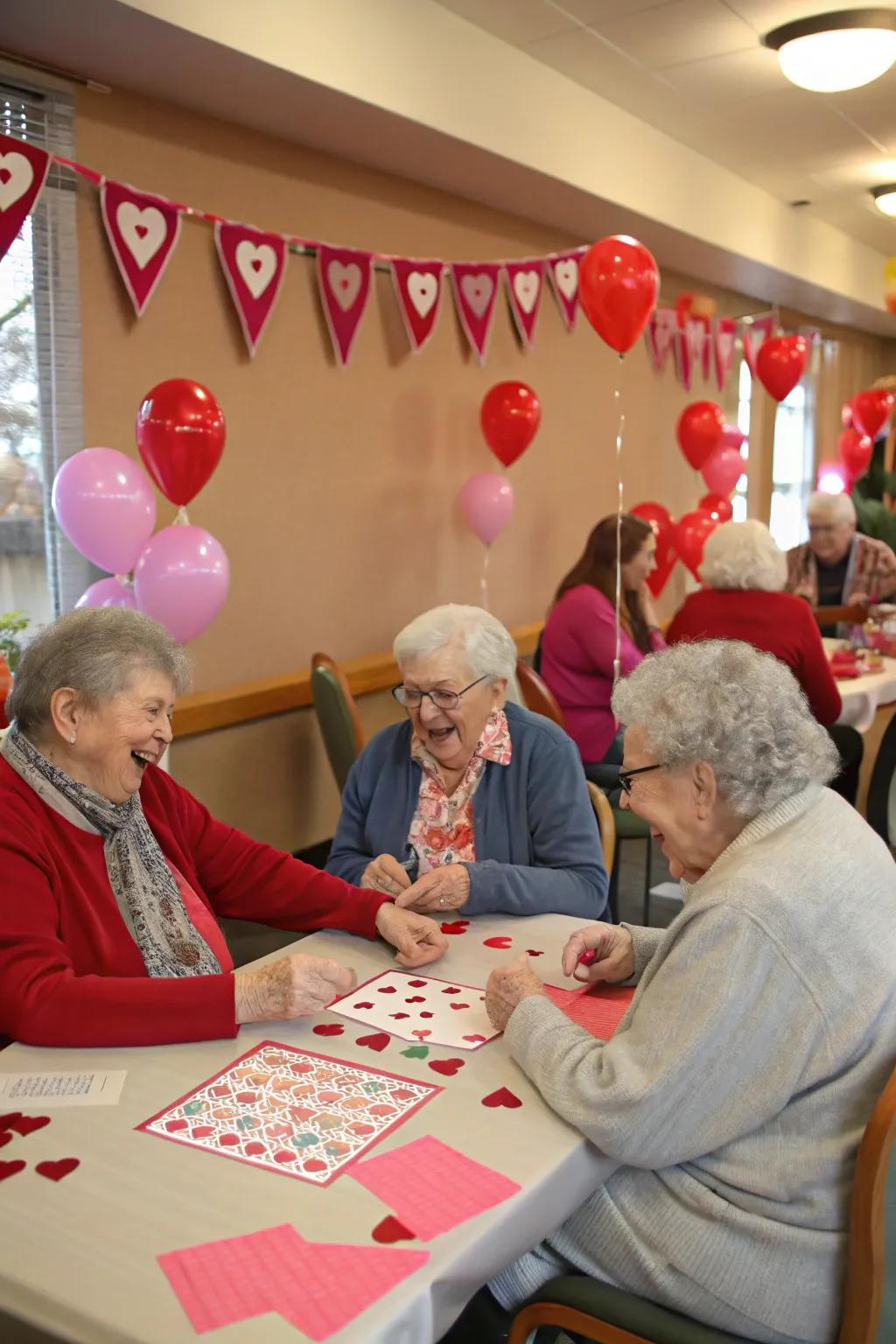 Care home residents enjoying a fun Valentine's-themed bingo session.
