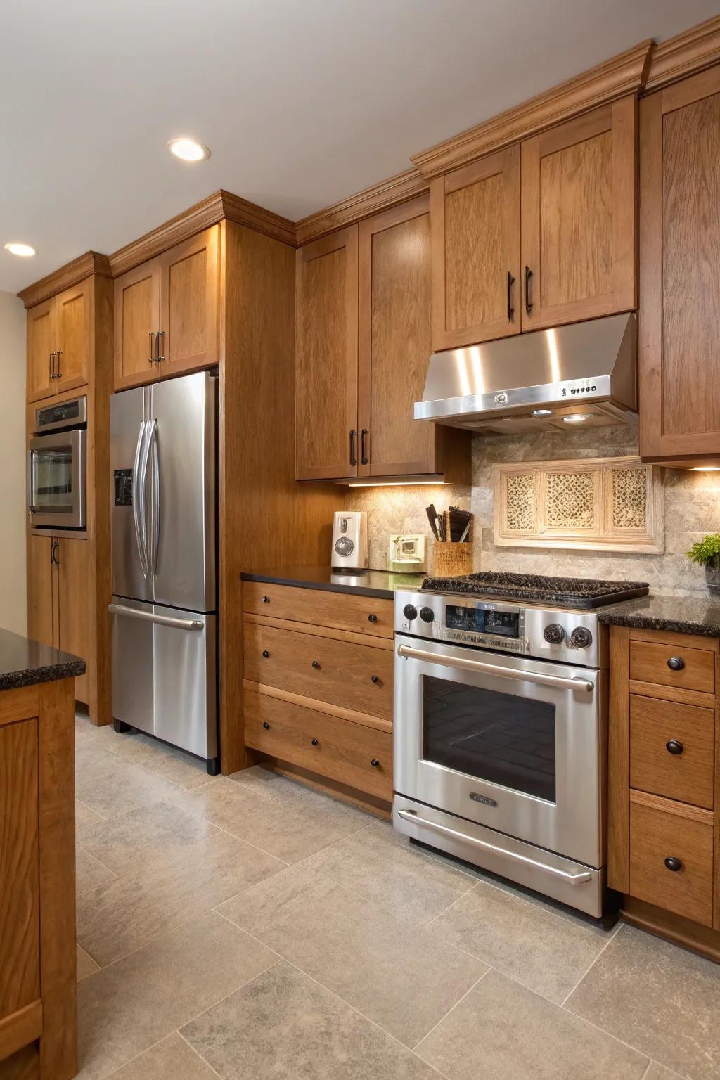 Modern design meets classic appeal with polished metal appliances in an oak kitchen.