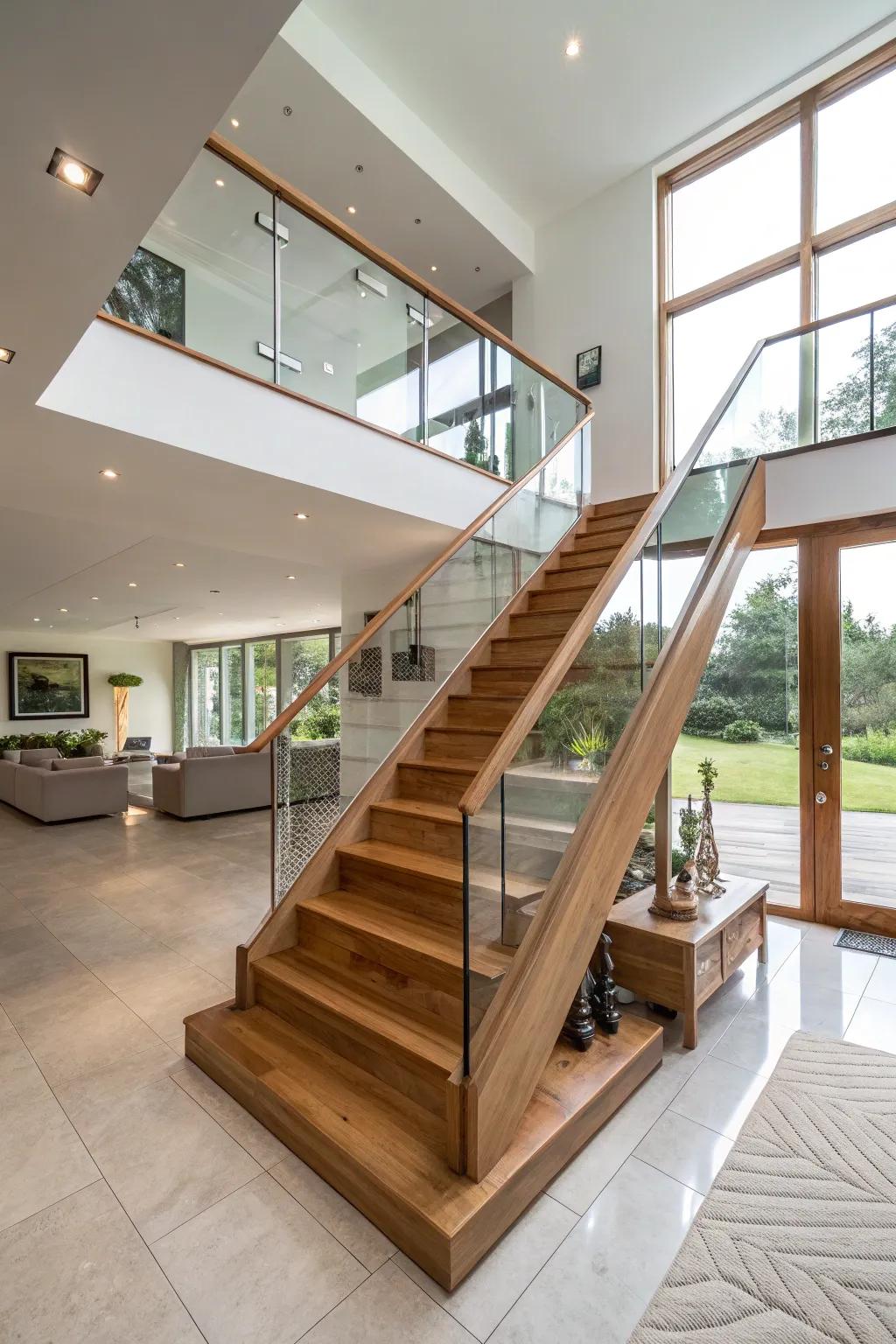 An ultramodern synthesis of oak and glass culminates in a chic stairway composition.