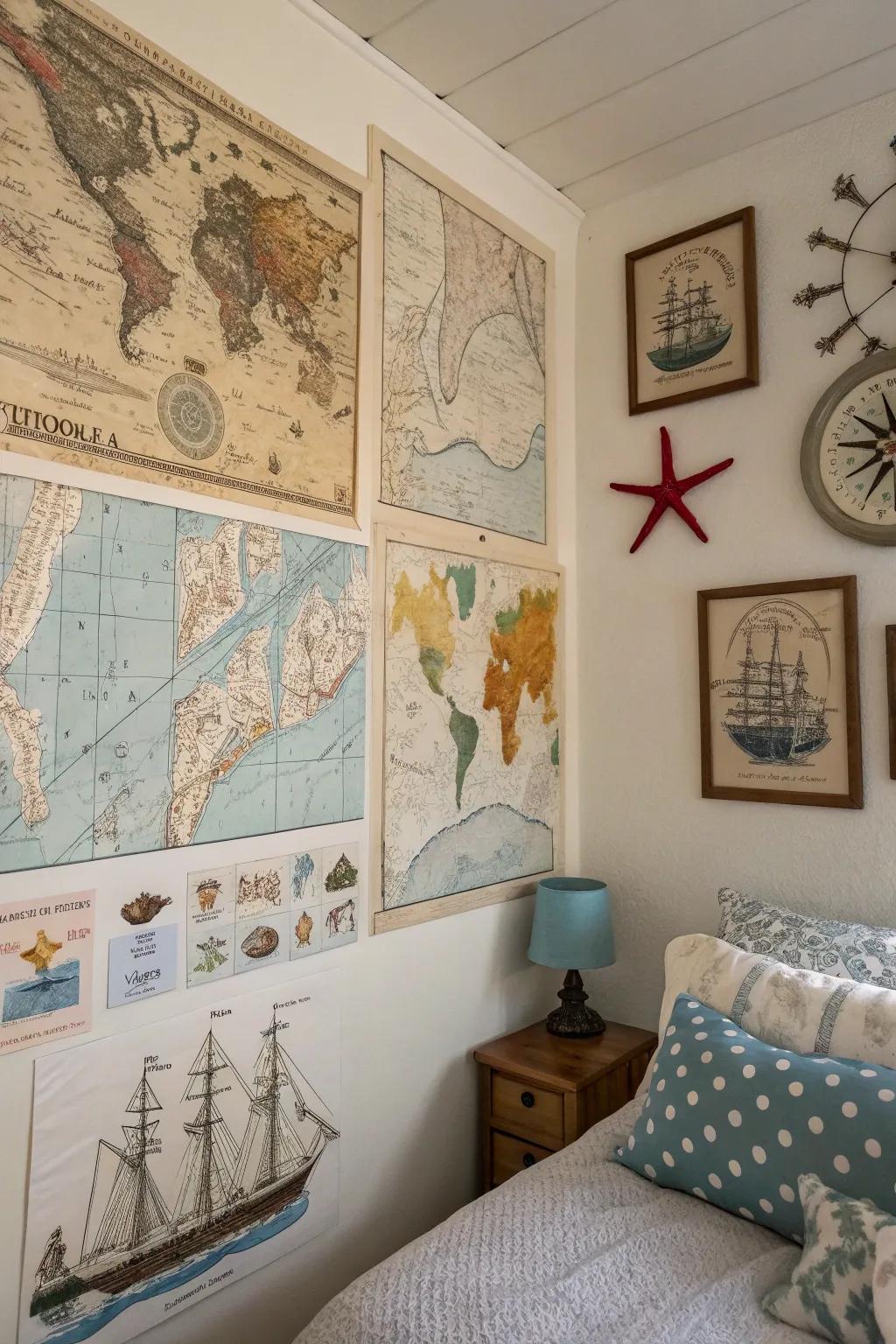 Nautical charts and marine art bring the maritime realm to your bedroom walls.