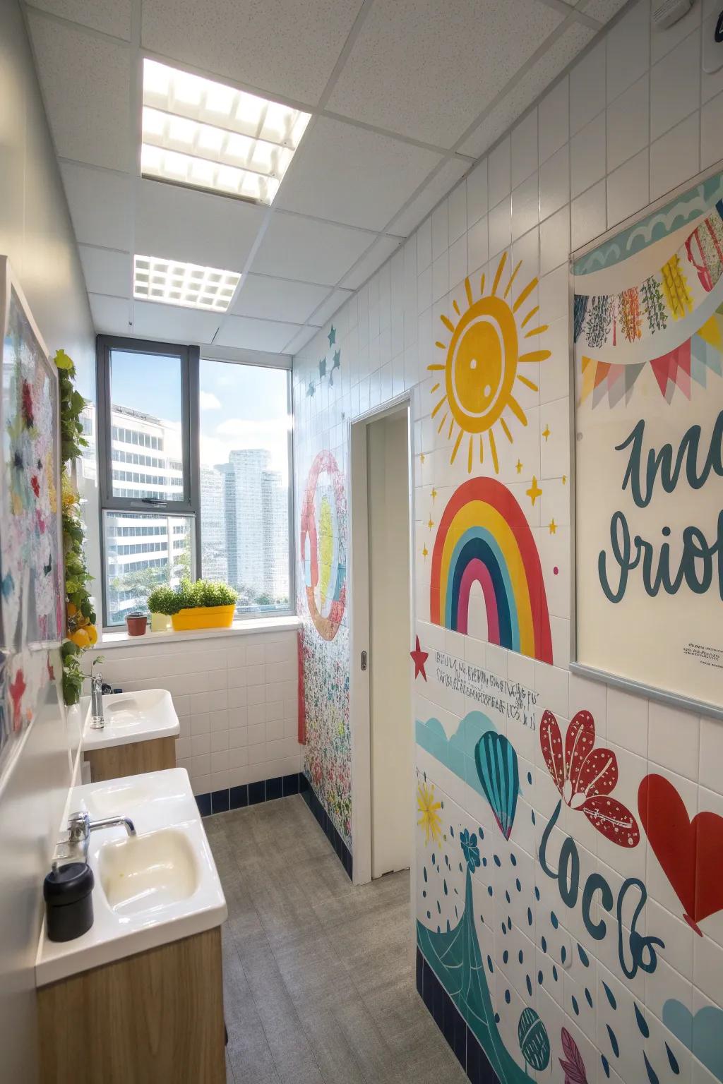 Wall art introduces a personal element and vibrant energy to the office restroom.