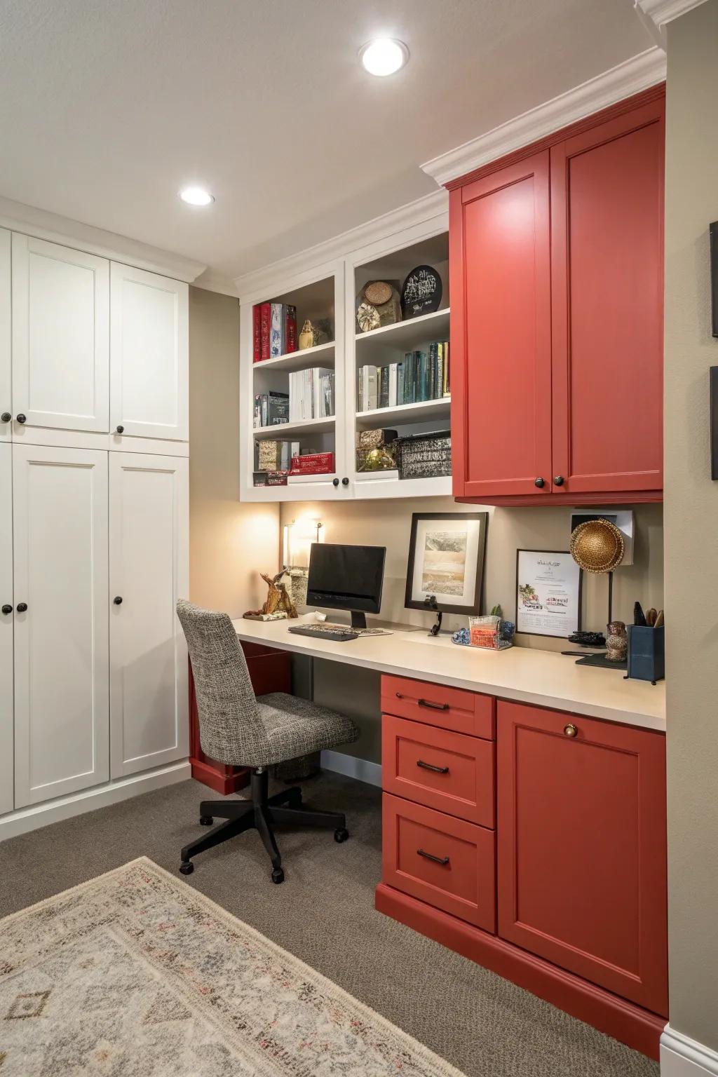 Contrasting cabinet doors add a lively feel to your office.
