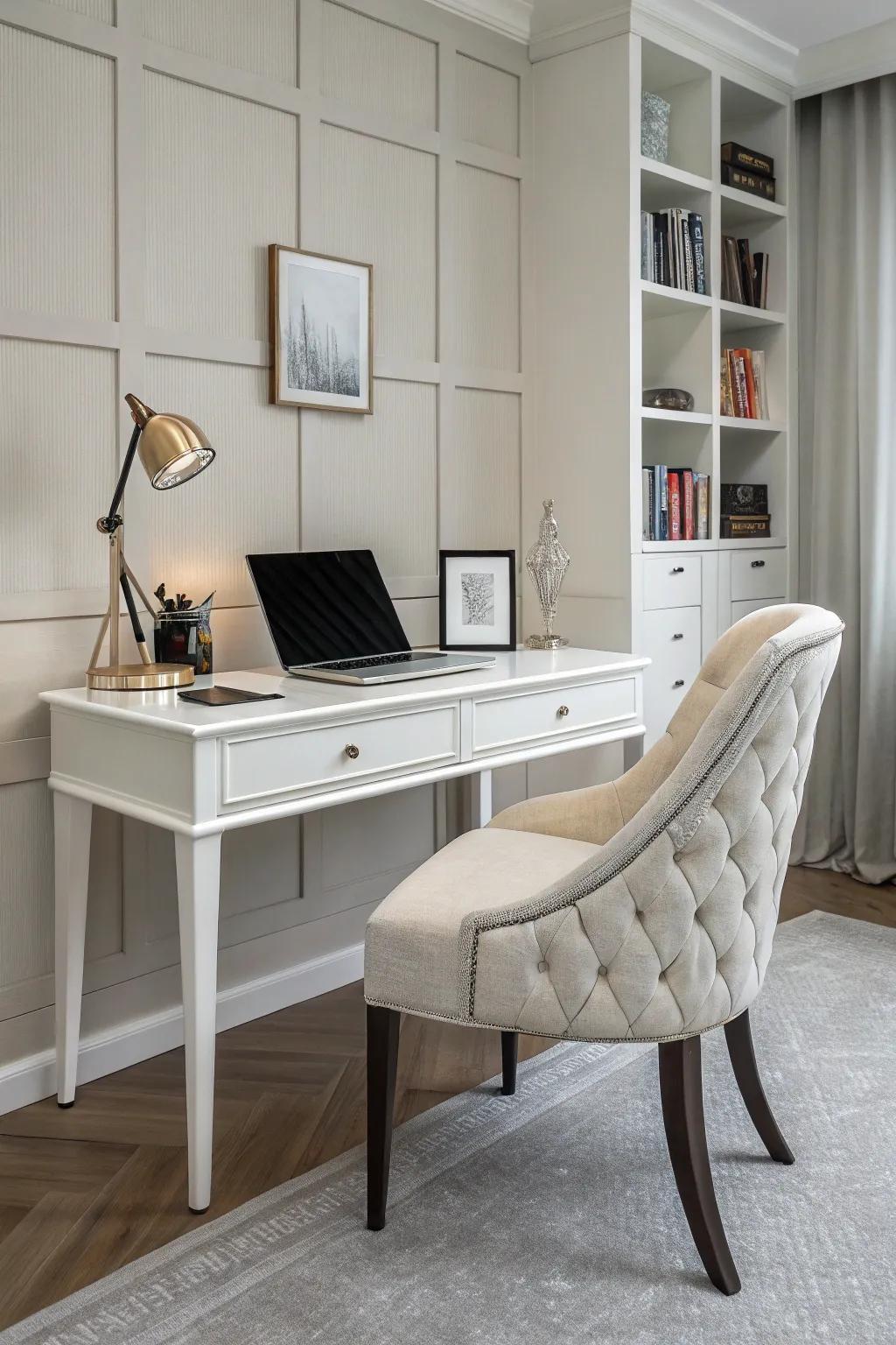 A streamlined desk paired with an elegant chair crafts a contemporary and welcoming workspace.