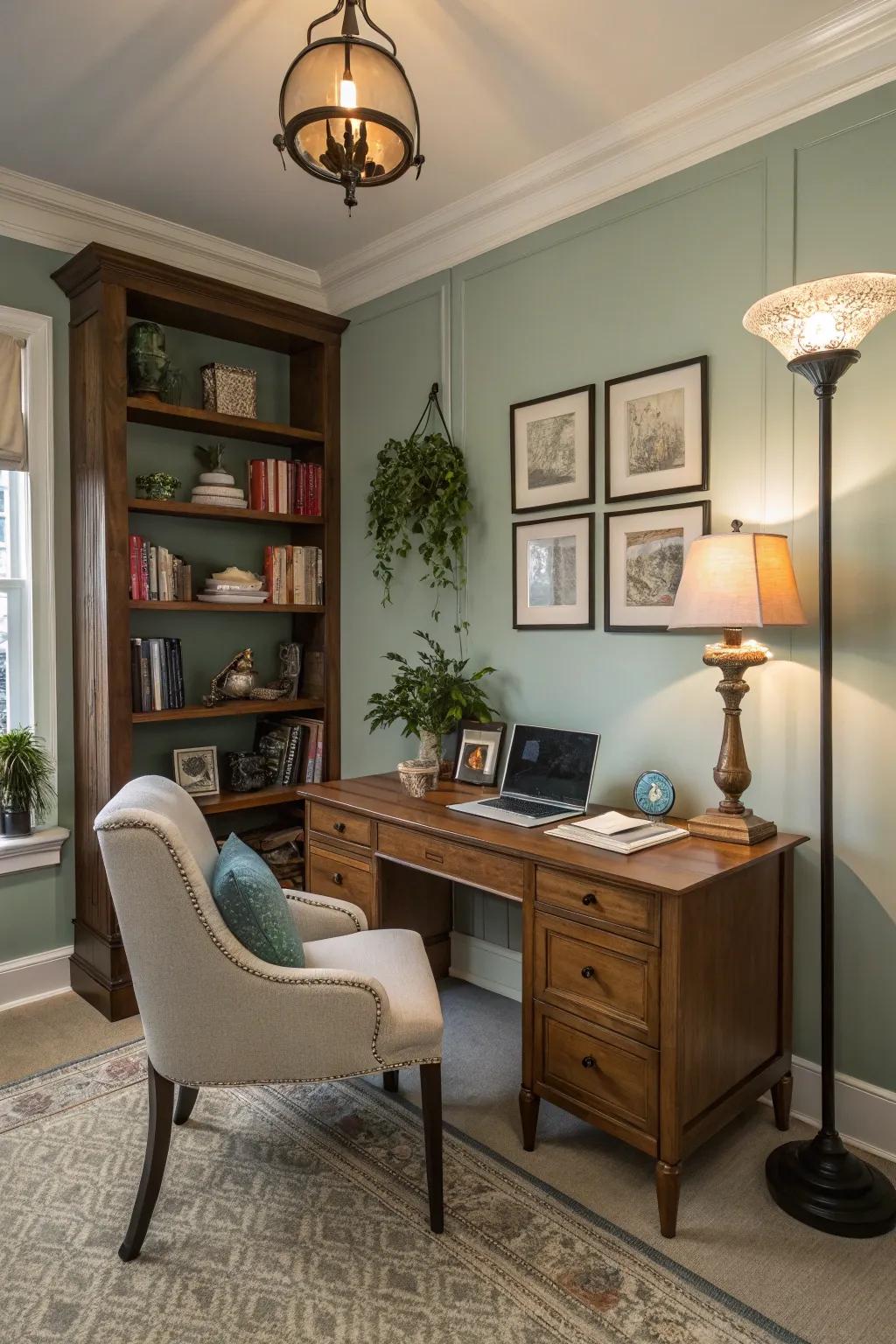 Comforting subtle lighting transforms a home office into a tranquil escape.