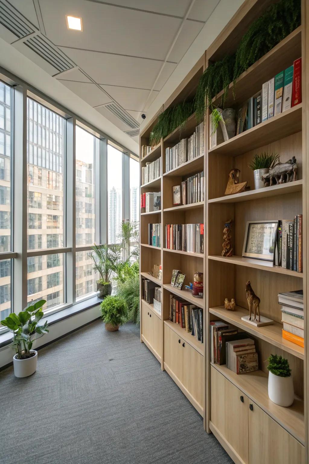 Extensive bookshelves stretching to the ceiling offer ample storage and a hint of sophistication to any office reading room.