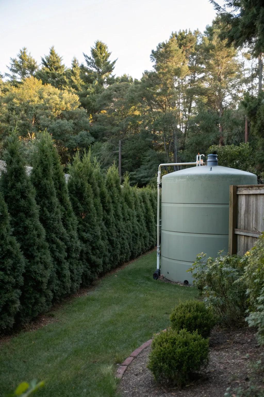 A fuel container cleverly obscured by verdant evergreen shrubs.