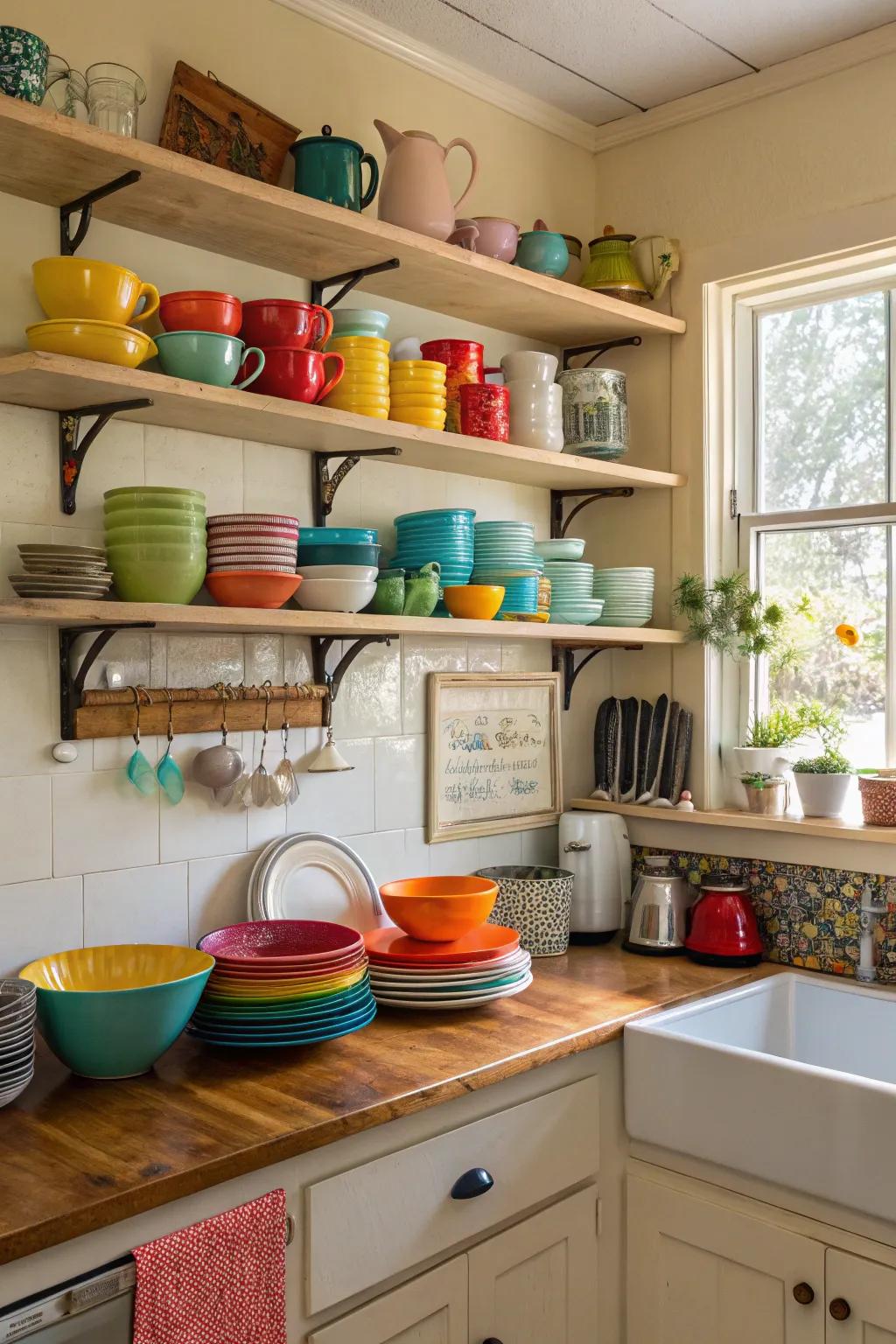 Your kitchen gains charm and useful space with open shelving.