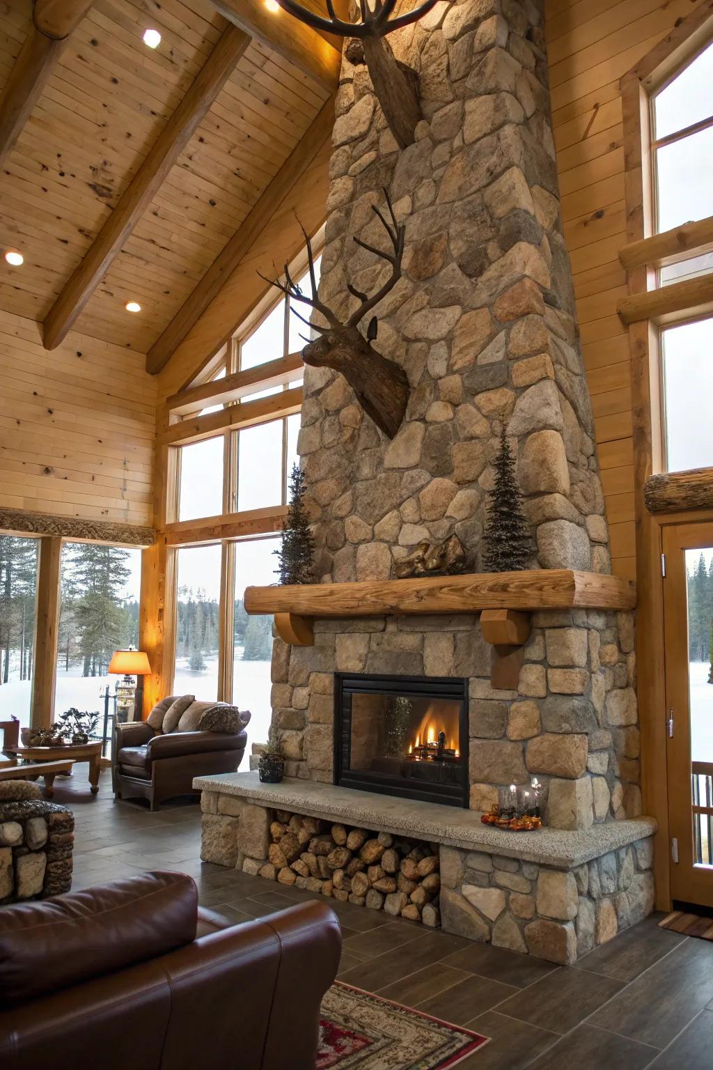 A prominent stone fireplace serves as the center point in a country-style hunting lodge.