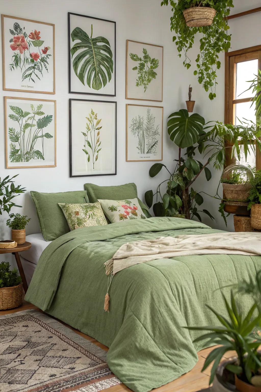 The earthy tones of olive green bedding are beautifully enhanced by botanical elements.
